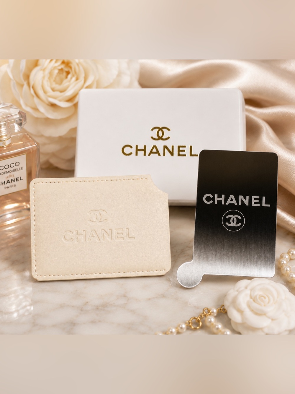 Chanel Beauté Pocket Mirror & Card Case Set Beige Cream Ivory - NIB